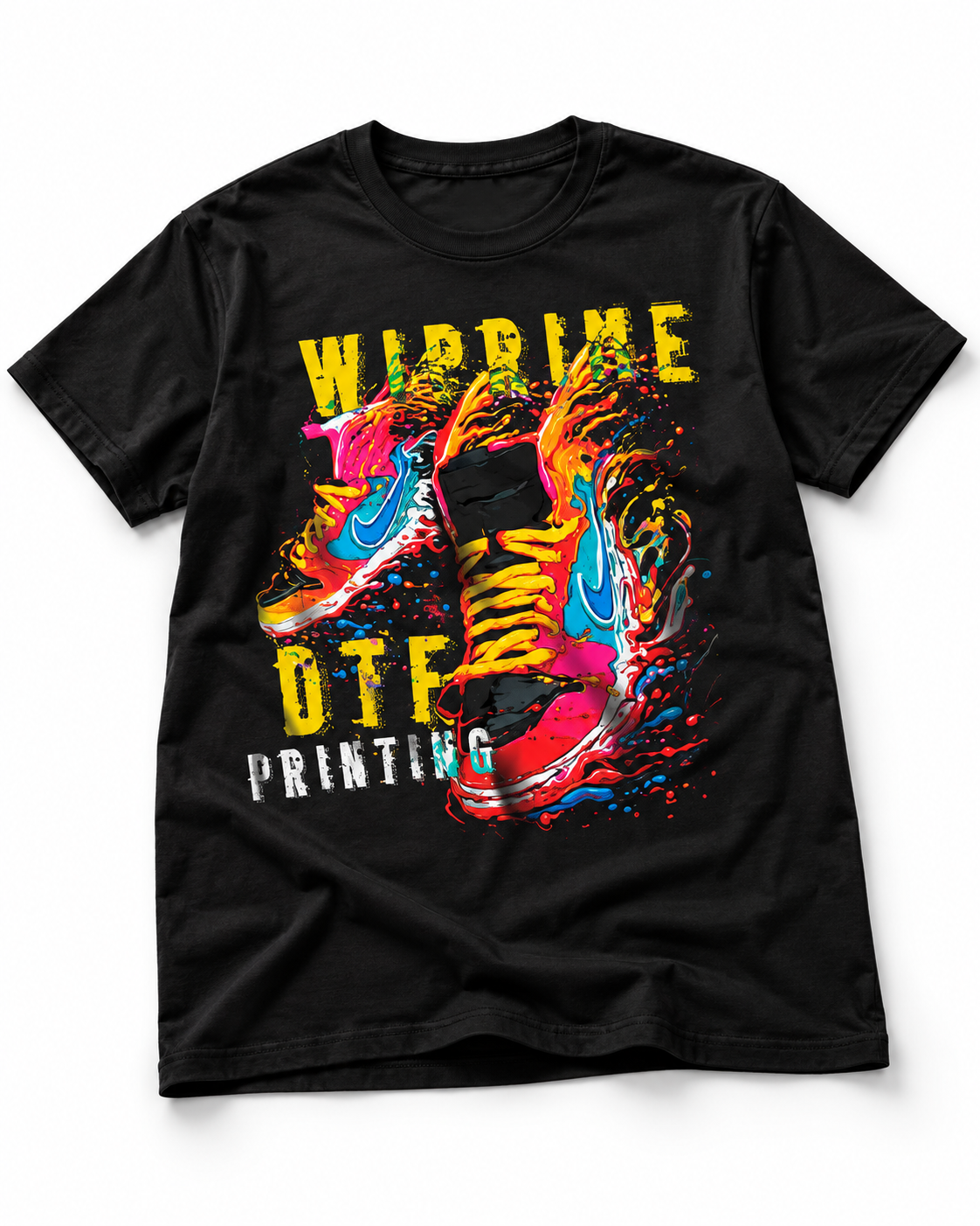 Detalhe de camiseta preta com estampa colorida de tênis Wiprime DTF Printing