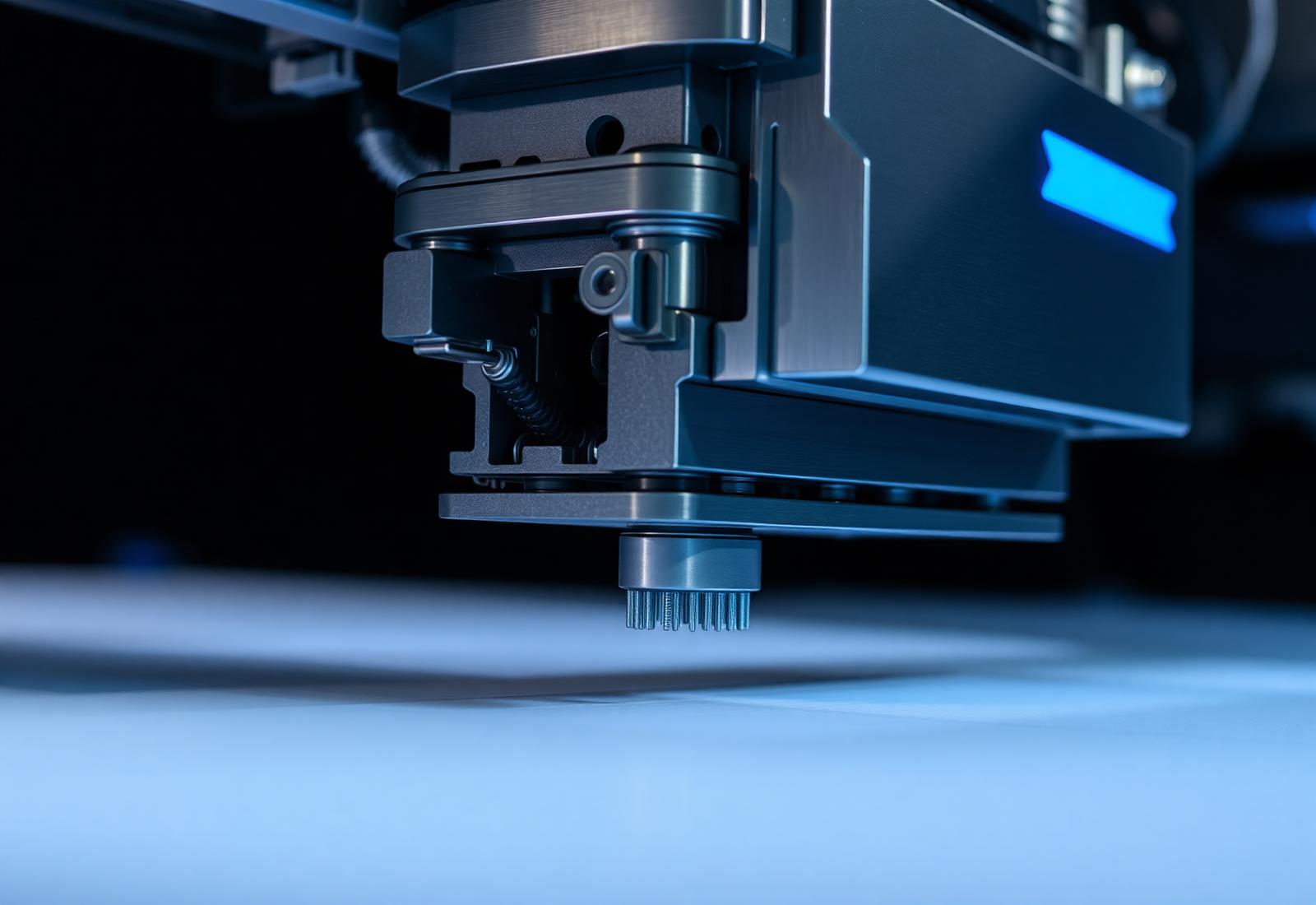 Detalhe macro da cabeça de impressão industrial sobre o material em movimento