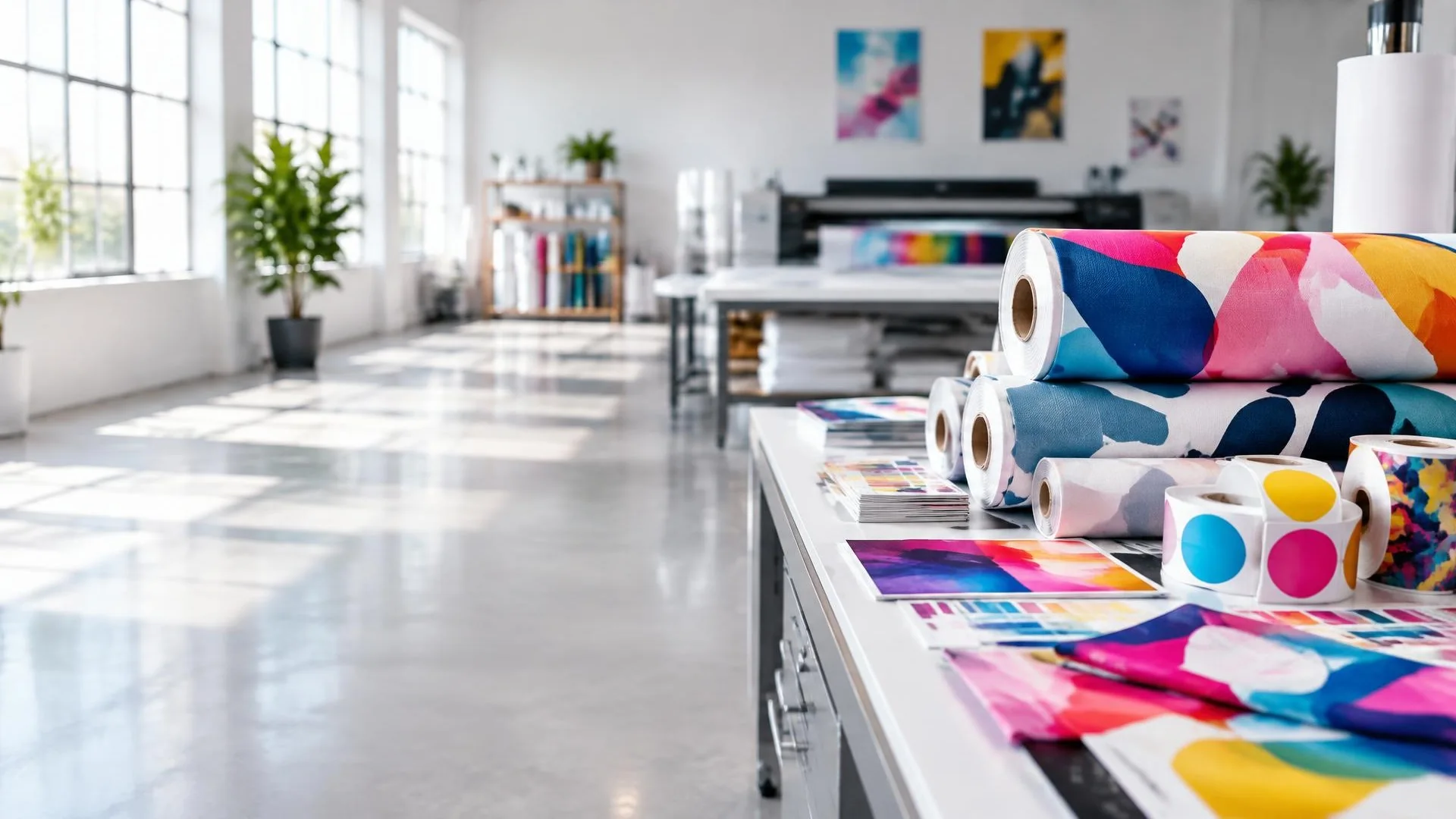 Ambiente de produção gráfica digital com tecidos estampados, rótulos e materiais impressos
