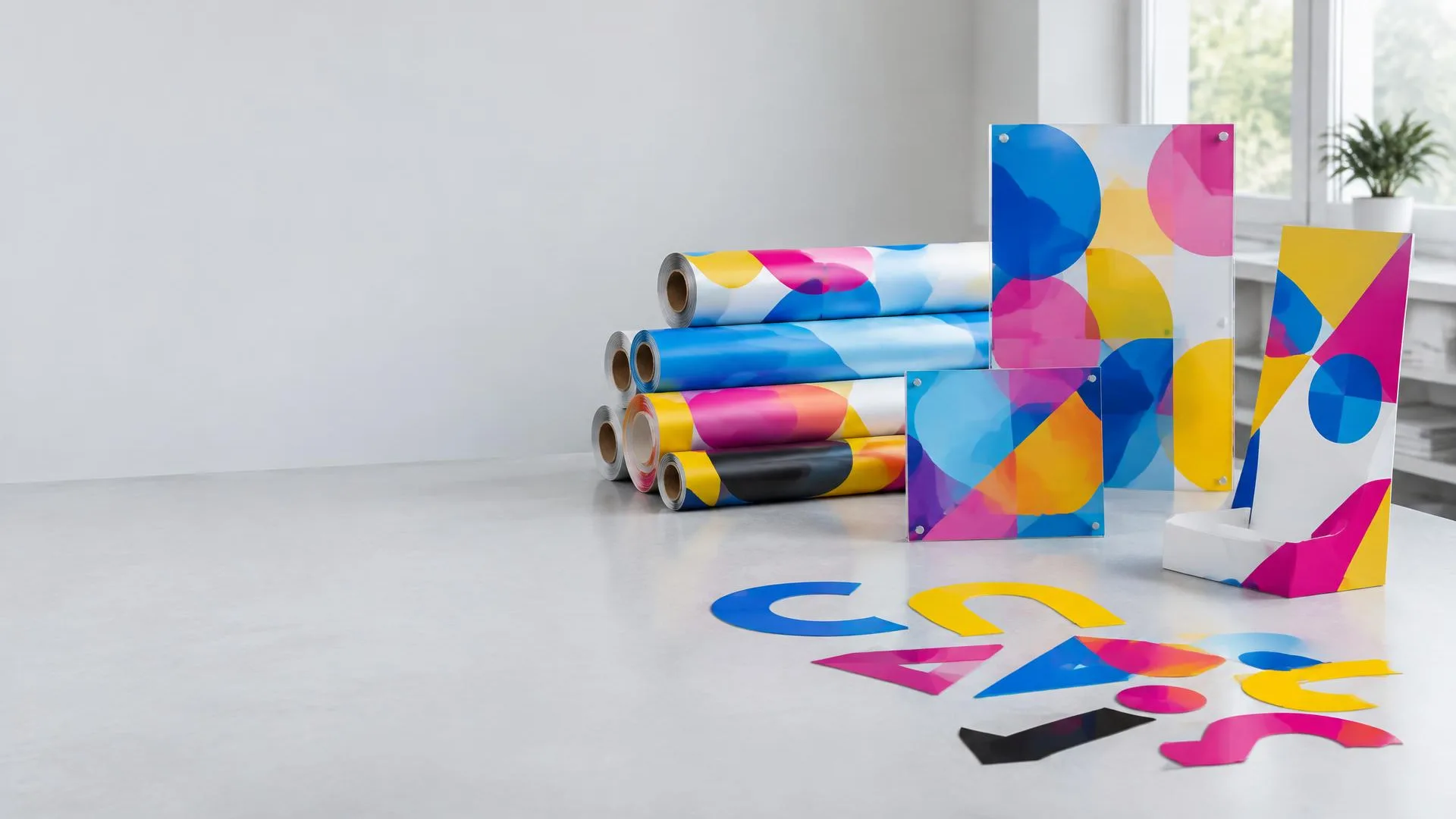 Lonas, placas de acrílico, letras em vinil e displays produzidos em comunicação visual