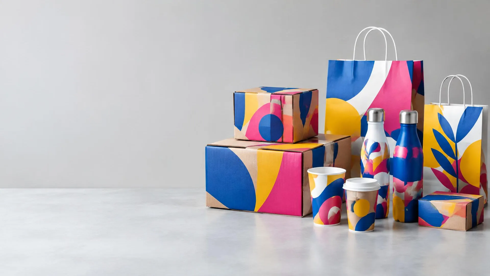 Caixas, copos, garrafas e sacolas personalizados com impressão digital