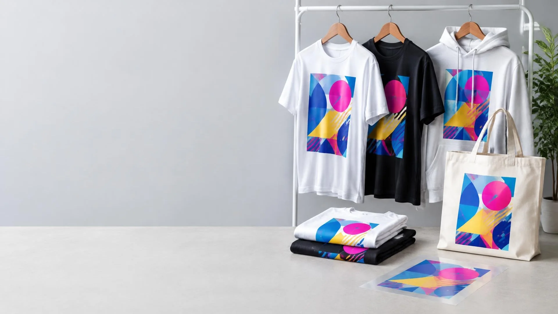 Camisetas e ecobags com estampas coloridas feitas com impressão DTF